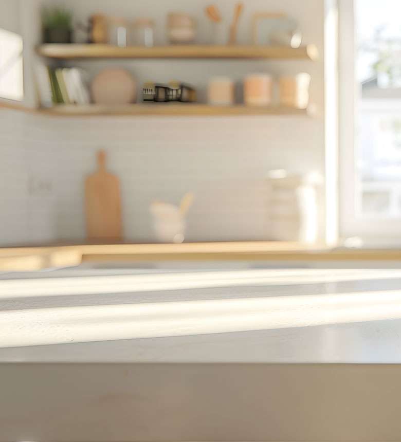 Blurry kitchen with wooden shelves, white tiles, and a chopping board. Blurry kitchen with wooden shelves, white tiles, and a chopping board.